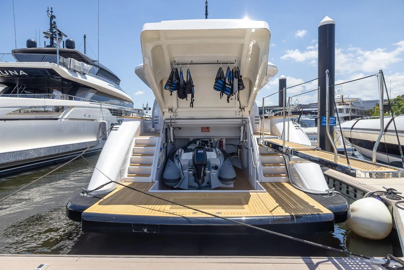 The yacht features a spacious tender garage with easy access and storage for water sports equipment. aboard SEA METRI V Yacht for Sale