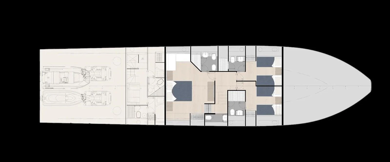 This image shows a detailed deck plan of a yacht, highlighting the layout and arrangement of various rooms and amenities. aboard FILIPPETTI S90-01 Yacht for Sale