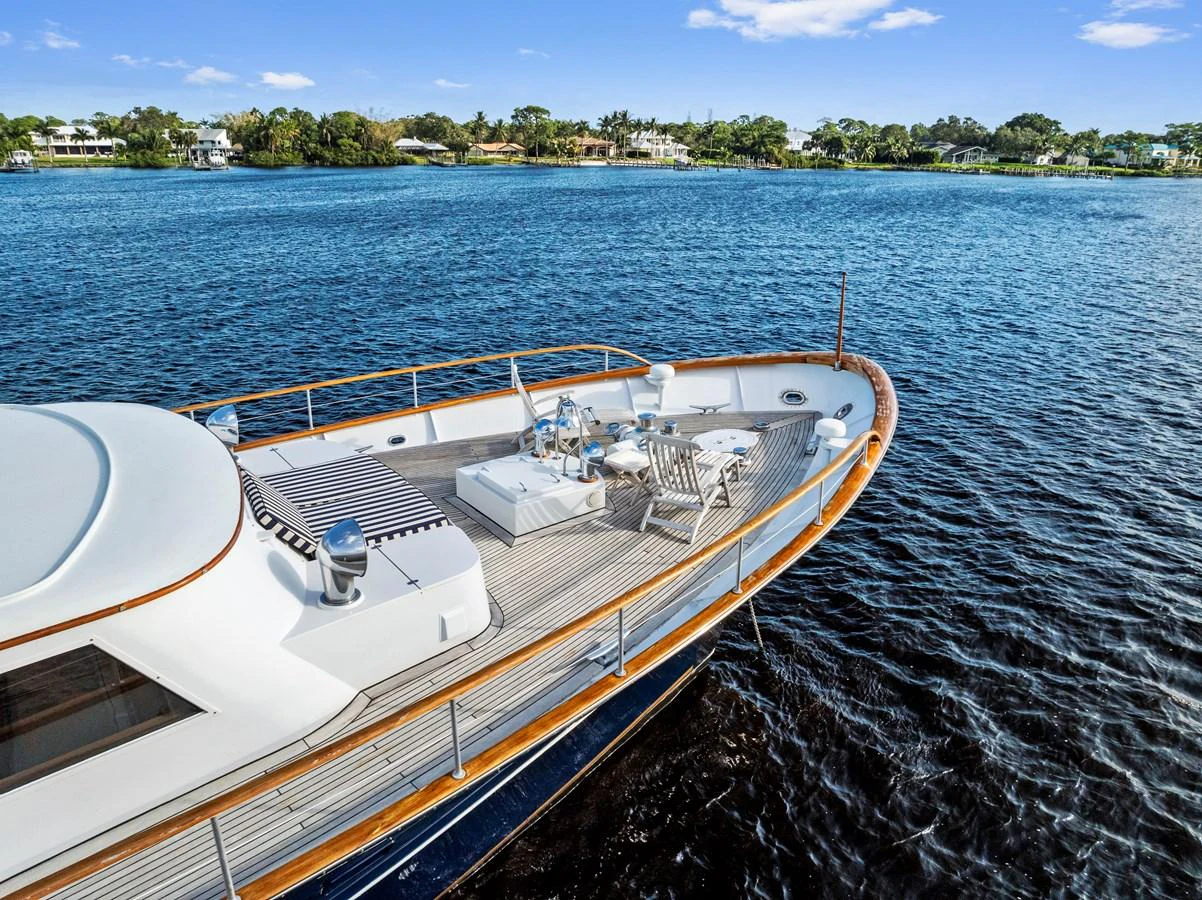 The yacht's foredeck features a spacious lounging area with a beautiful view of the surrounding waters. aboard CHANTICLEER Yacht for Sale