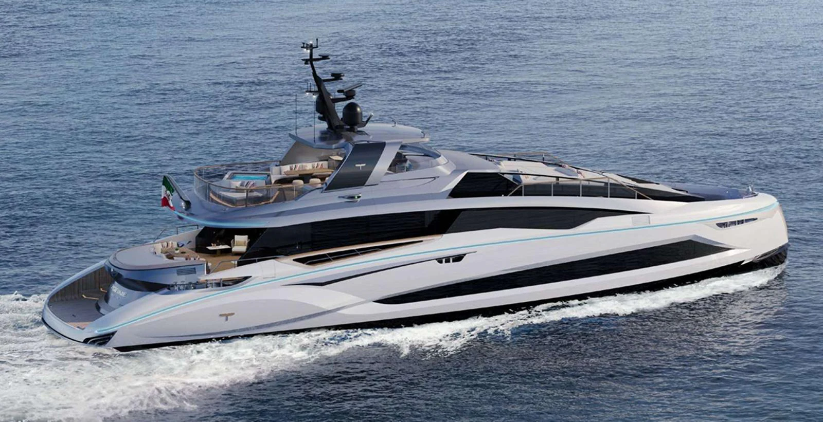 A sleek and modern yacht glides effortlessly through the water, showcasing its elegant design and luxurious amenities. aboard T-EVO 120 Yacht for Sale