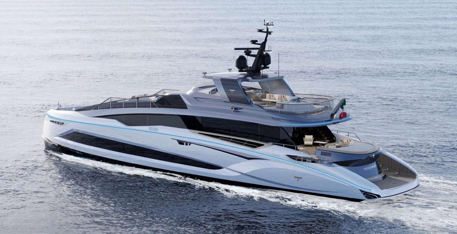 A sleek and modern yacht cruising on calm waters. aboard T-EVO 120 Yacht for Sale