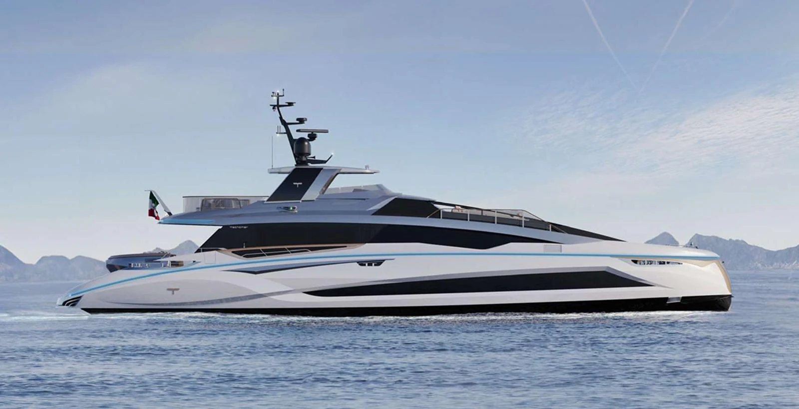 A sleek and modern yacht glides gracefully on calm waters with a stunning backdrop of distant mountains. aboard T-EVO 120 Yacht for Sale
