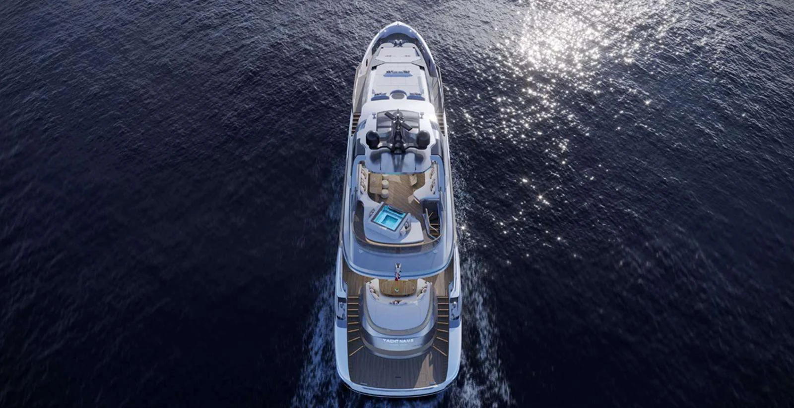 A stunning aerial view of a yacht cruising through calm waters, showcasing its sleek design and luxurious amenities. aboard T-EVO 120 Yacht for Sale