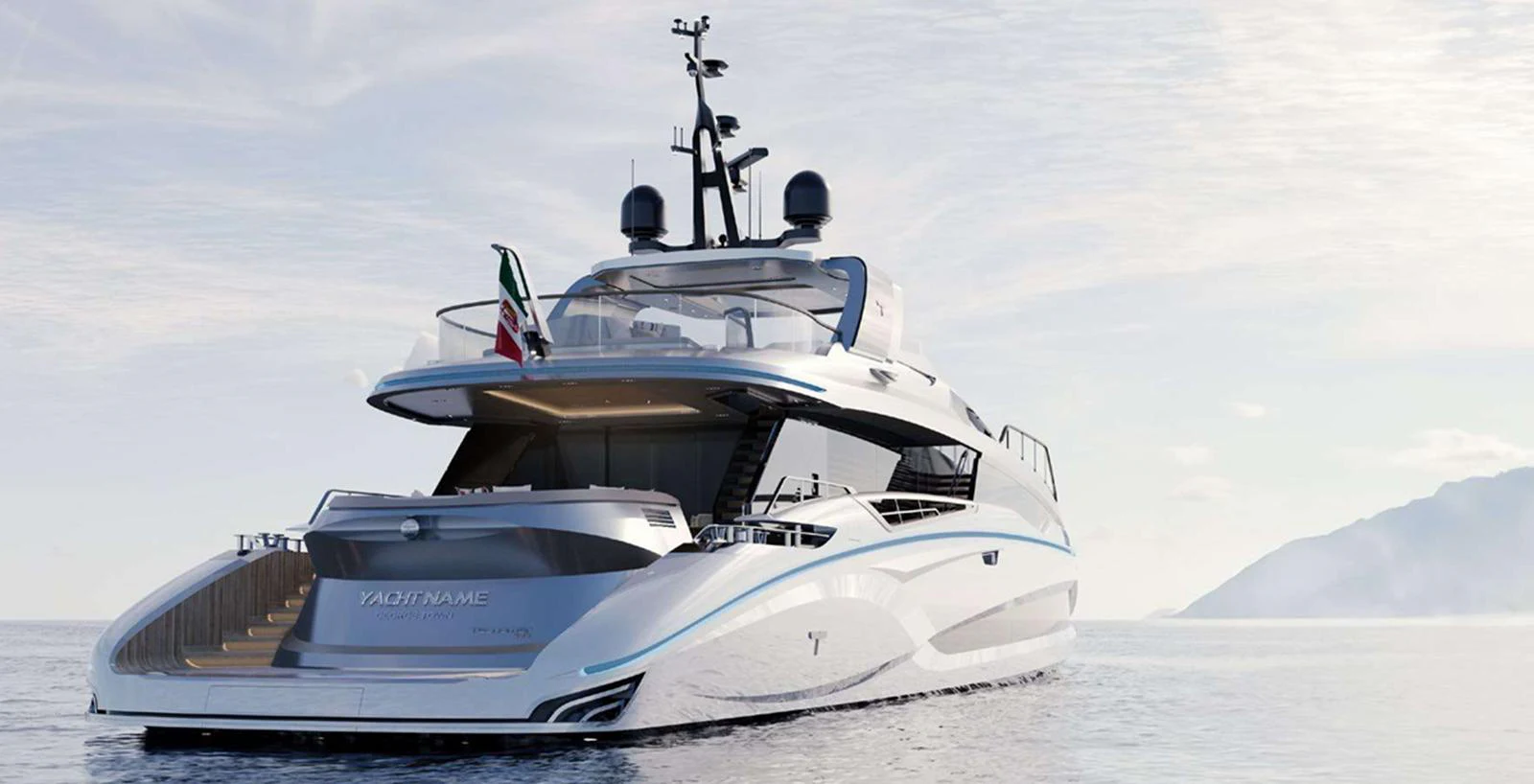 A sleek and modern yacht cruising on calm waters with a scenic backdrop. aboard T-EVO 120 Yacht for Sale