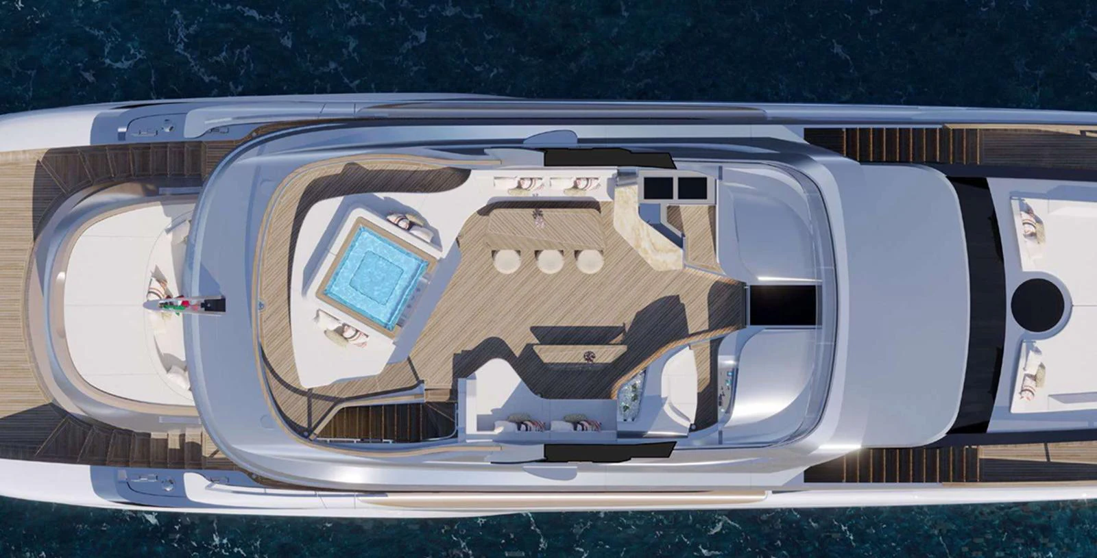 The sundeck features a luxurious hot tub and ample lounging space, perfect for relaxation and entertainment. aboard T-EVO 120 Yacht for Sale