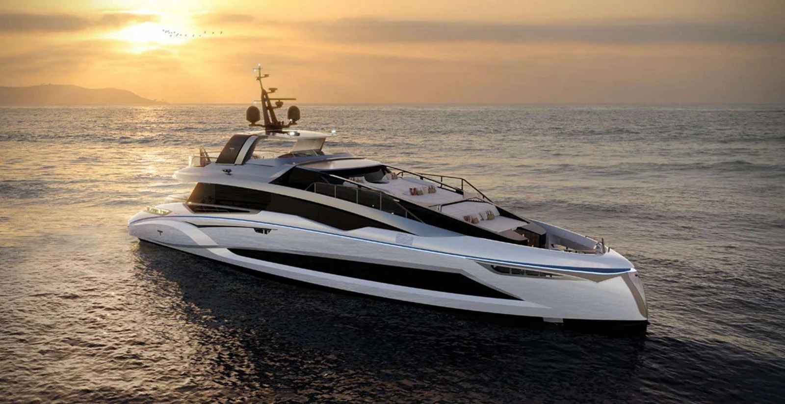 A sleek and modern yacht cruising at sunset, showcasing its elegant design and luxurious features. aboard T-EVO 120 Yacht for Sale