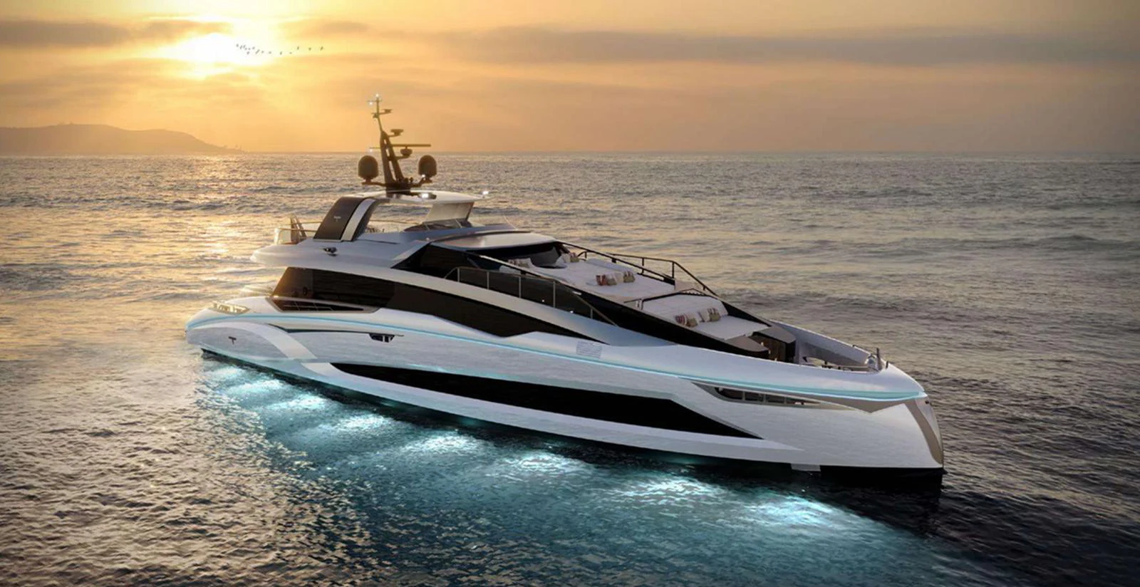 A sleek and modern yacht glides through the water at sunset, showcasing its elegant design and underwater lighting. aboard T-EVO 120 Yacht for Sale