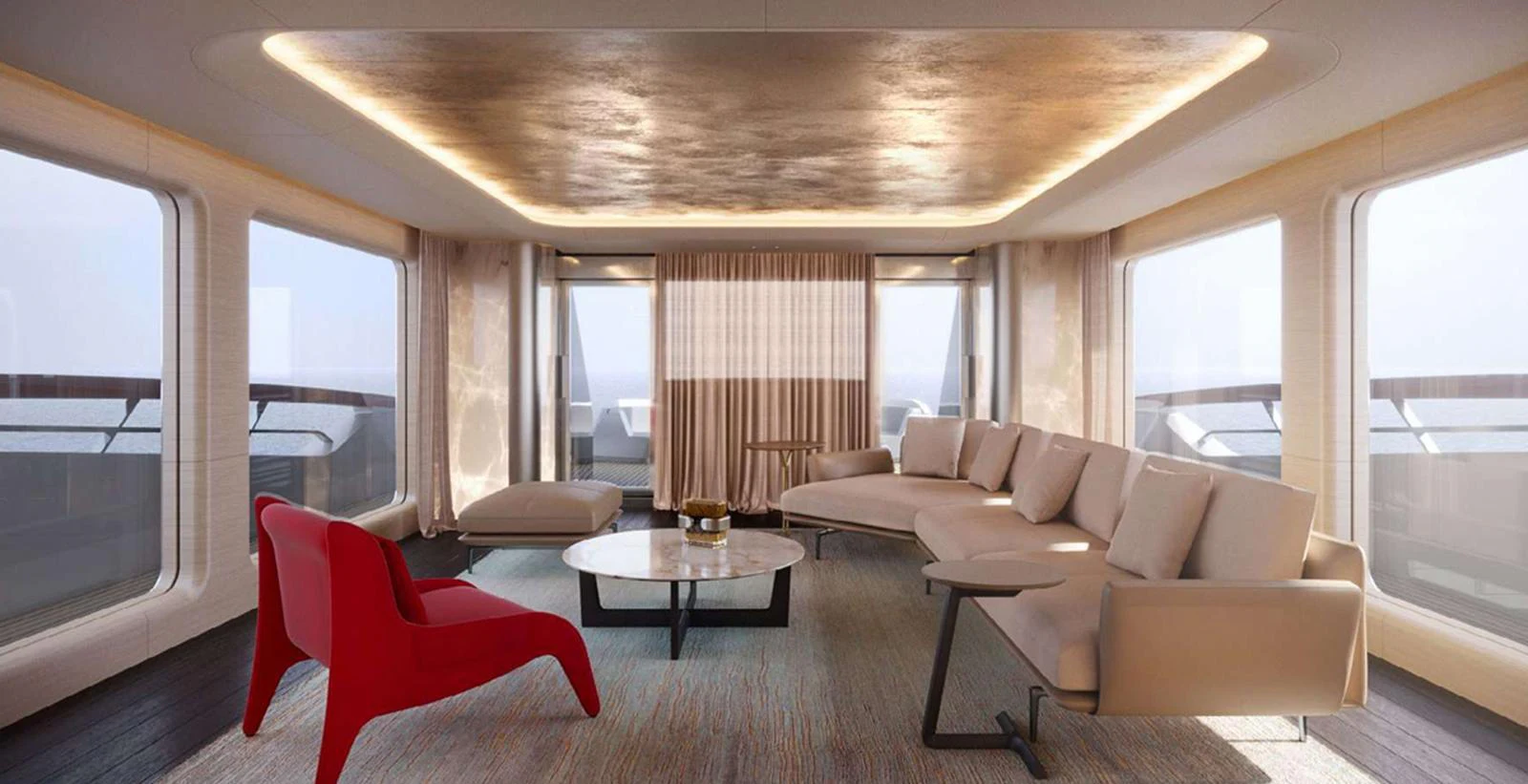 The salon features a modern and spacious design with large windows and luxurious furnishings. aboard T-EVO 120 Yacht for Sale