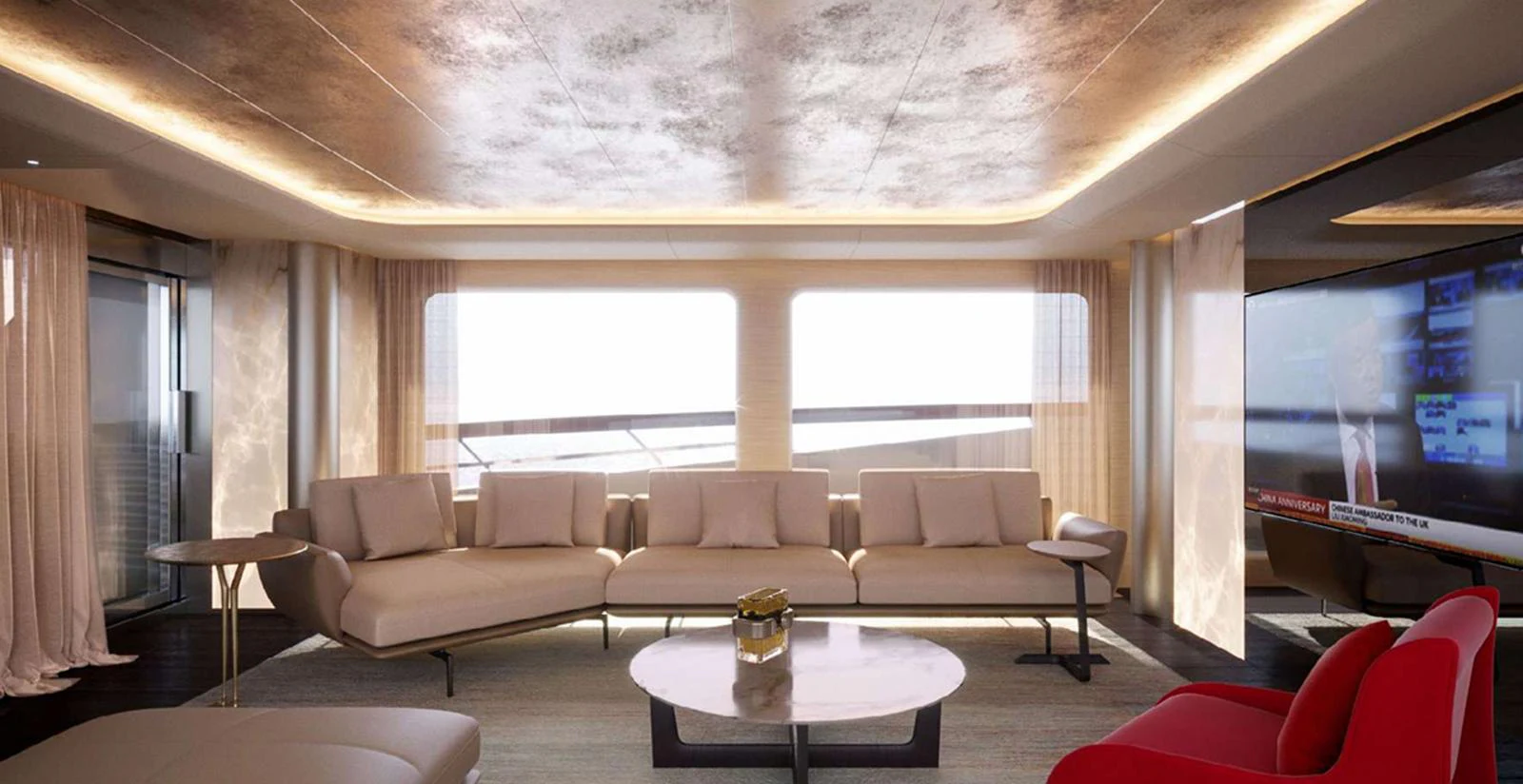 The salon features a spacious seating area with modern furnishings and large windows for ample natural light. aboard T-EVO 120 Yacht for Sale