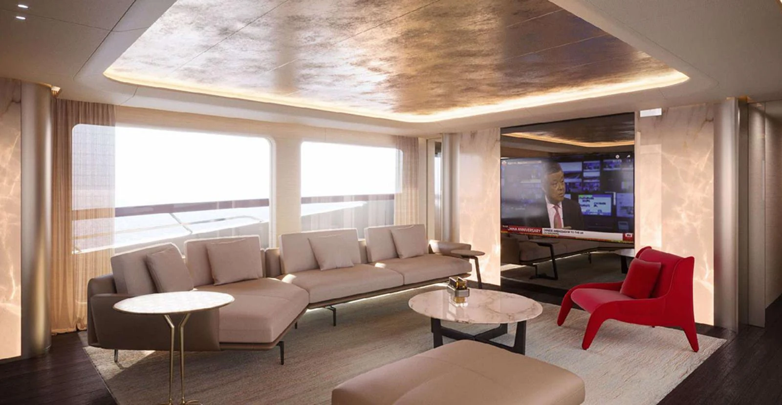 The yacht's salon features elegant seating and a large television for entertainment. aboard T-EVO 120 Yacht for Sale