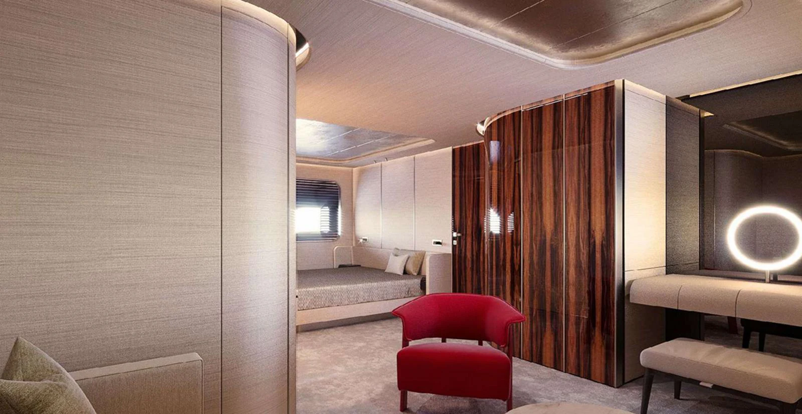 The yacht's interior features a modern and luxurious stateroom with elegant wood finishes and contemporary furnishings. aboard T-EVO 120 Yacht for Sale