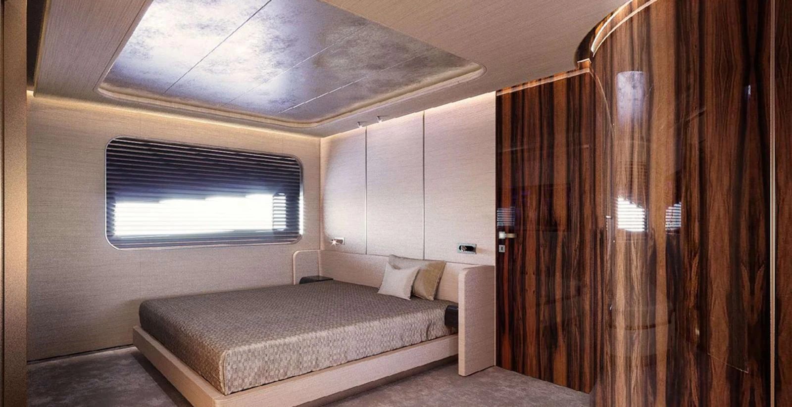 The stateroom features a luxurious bed with modern design elements and ample natural light. aboard T-EVO 120 Yacht for Sale