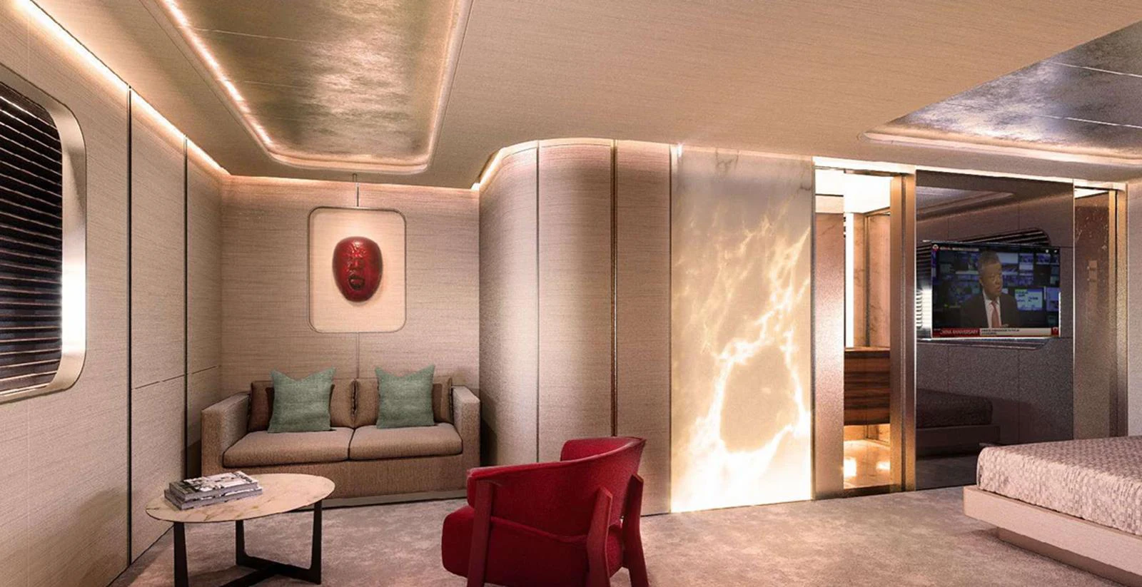 The yacht's interior features a modern, well-lit lounge area with stylish furnishings. aboard T-EVO 120 Yacht for Sale