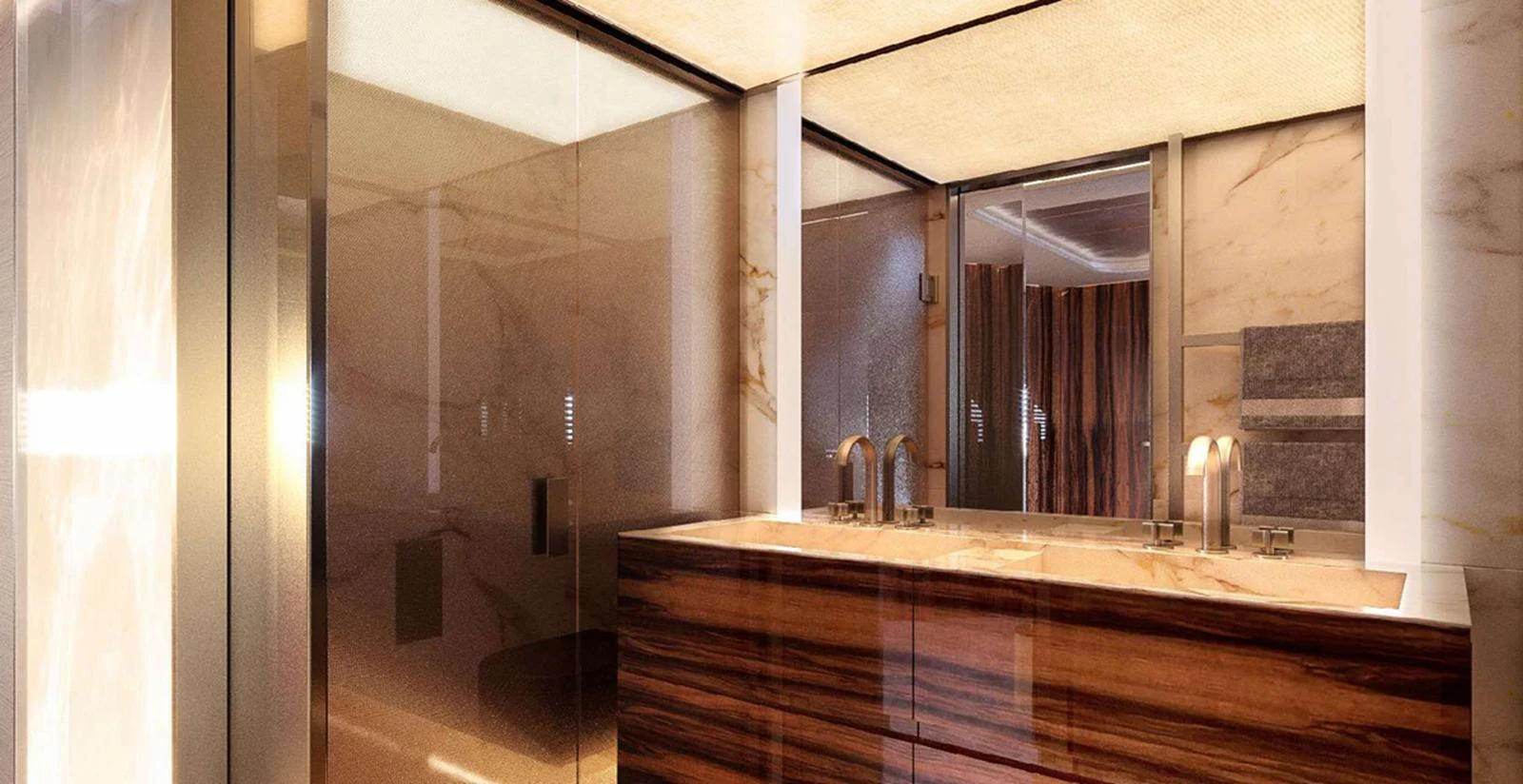 The yacht's bathroom features luxurious finishes and modern fixtures. aboard T-EVO 120 Yacht for Sale