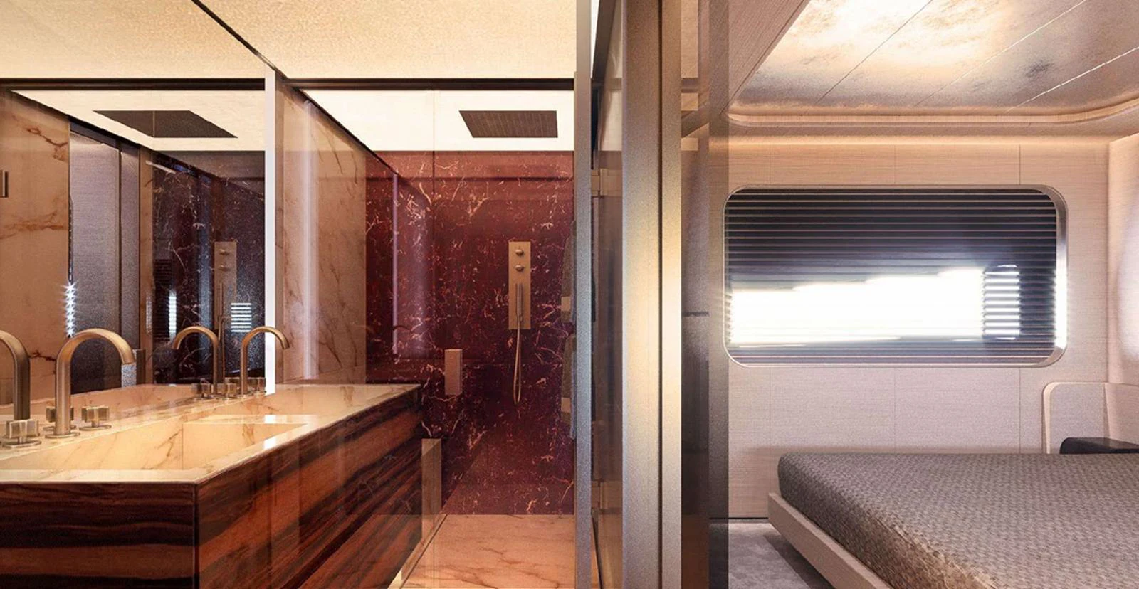 The image showcases a luxurious bathroom adjacent to a cozy stateroom with modern design elements. aboard T-EVO 120 Yacht for Sale