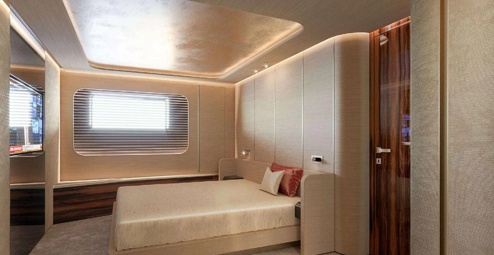 A luxurious stateroom featuring a large bed, modern lighting, and elegant wood accents. aboard T-EVO 120 Yacht for Sale