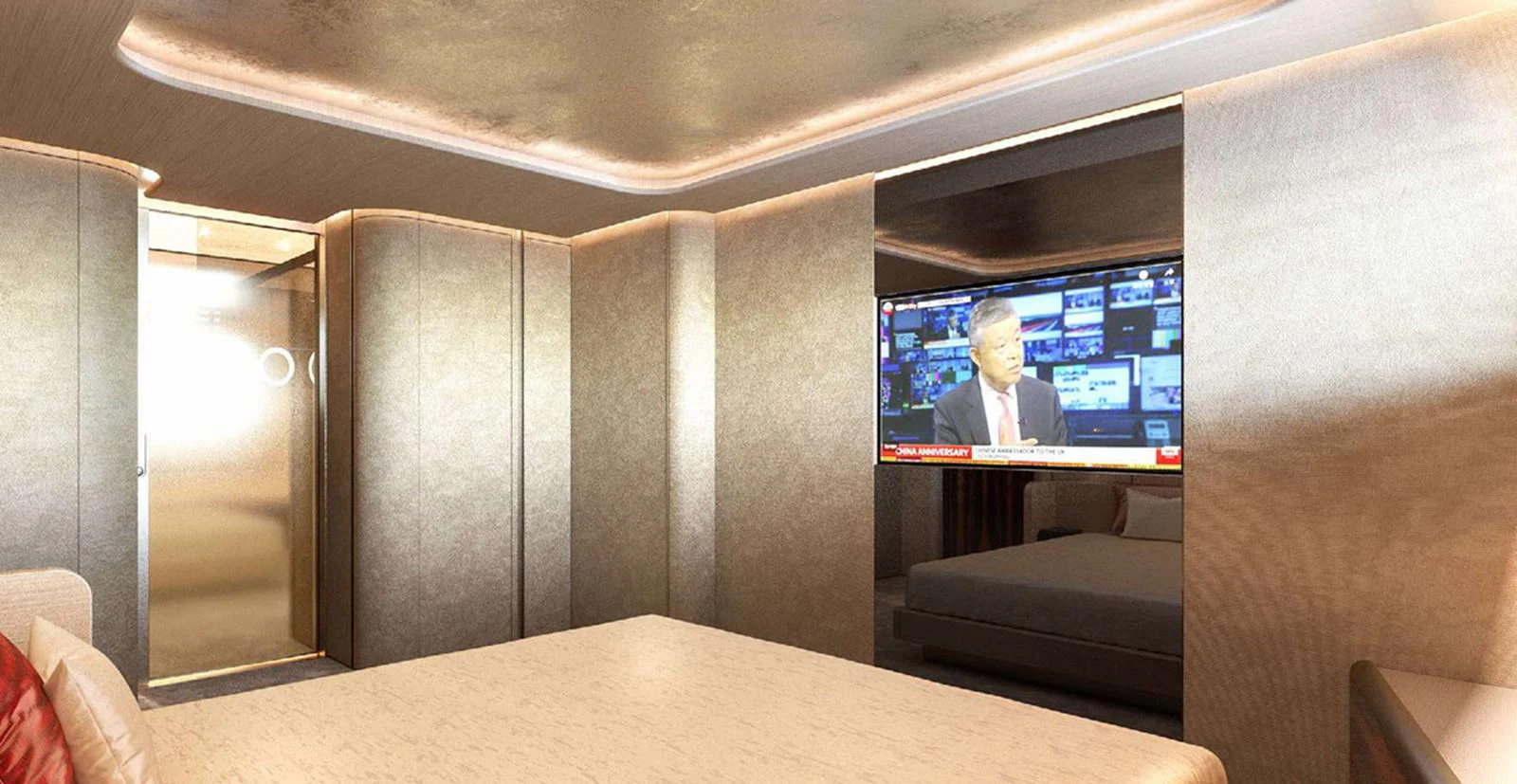 The stateroom features a luxurious bed, modern lighting, and a large flat-screen TV. aboard T-EVO 120 Yacht for Sale