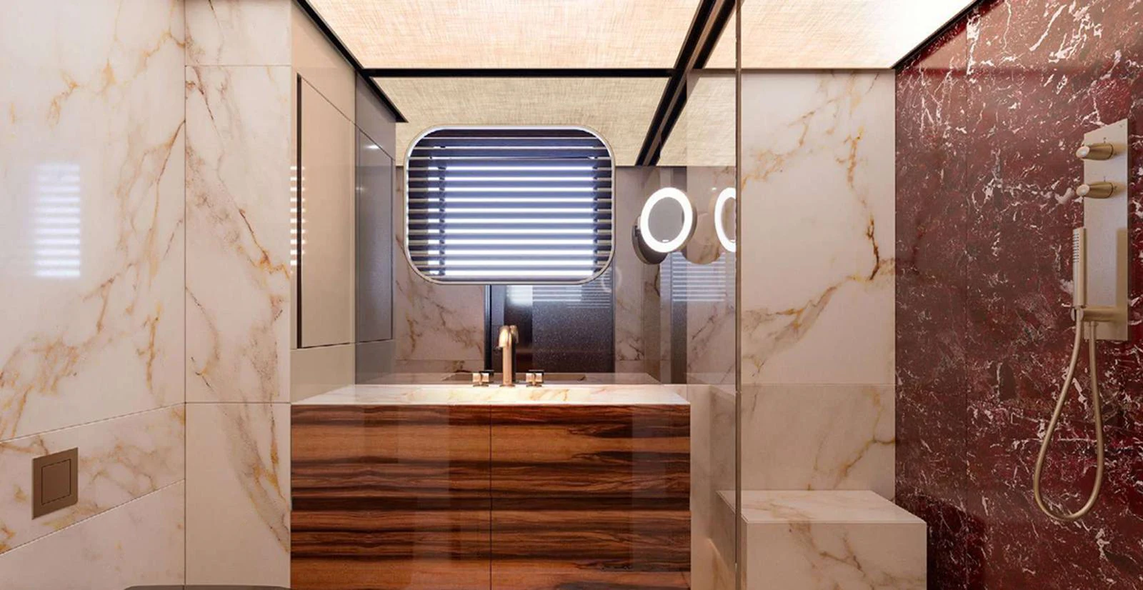 The yacht's bathroom features luxurious marble finishes and modern fixtures. aboard T-EVO 120 Yacht for Sale
