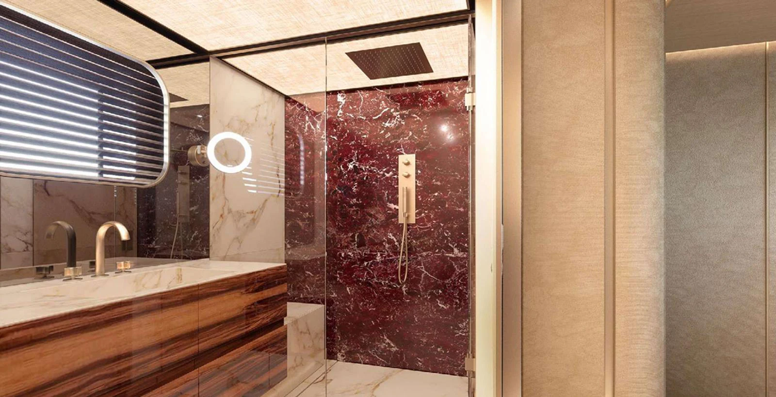 The yacht's bathroom features luxurious marble finishes and modern fixtures. aboard T-EVO 120 Yacht for Sale