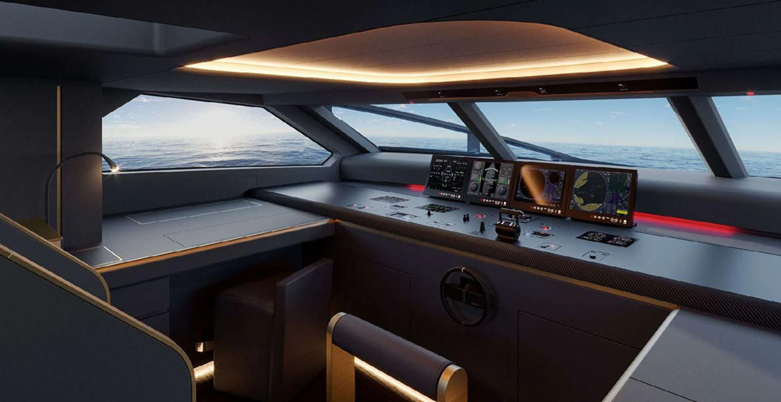 The helm station offers a sleek and modern design with advanced navigation equipment and panoramic views. aboard T-EVO 120 Yacht for Sale