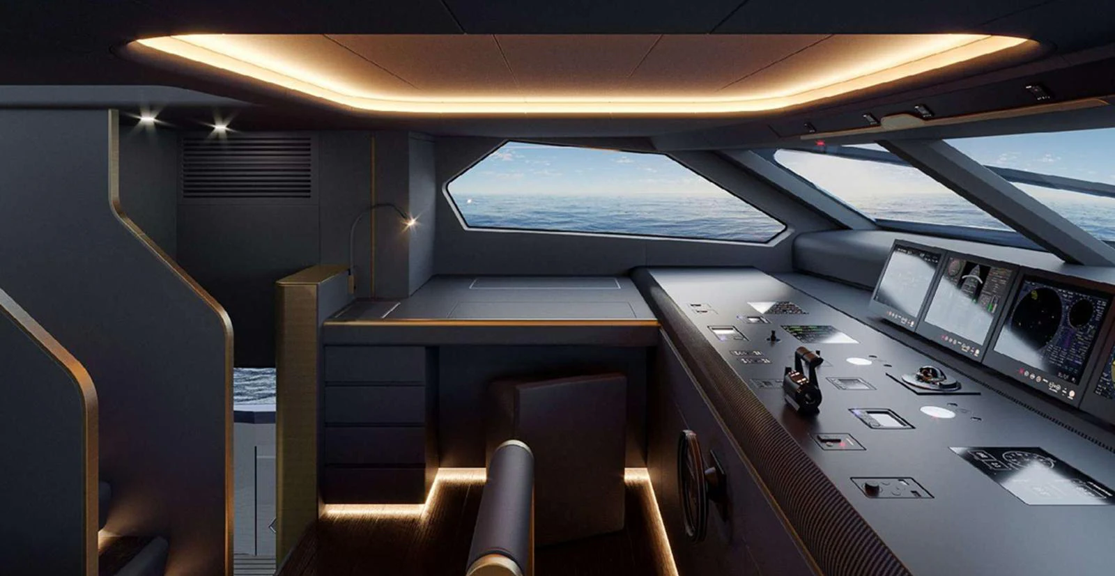 The helm station features advanced navigation equipment and a sleek, modern design with panoramic views. aboard T-EVO 120 Yacht for Sale