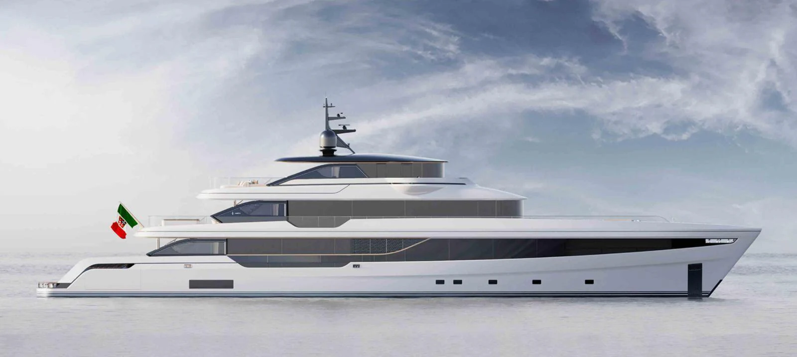 A sleek and modern yacht with a streamlined profile, cruising under a partly cloudy sky. aboard ADMIRAL PANORAMA 50/04 Yacht for Sale