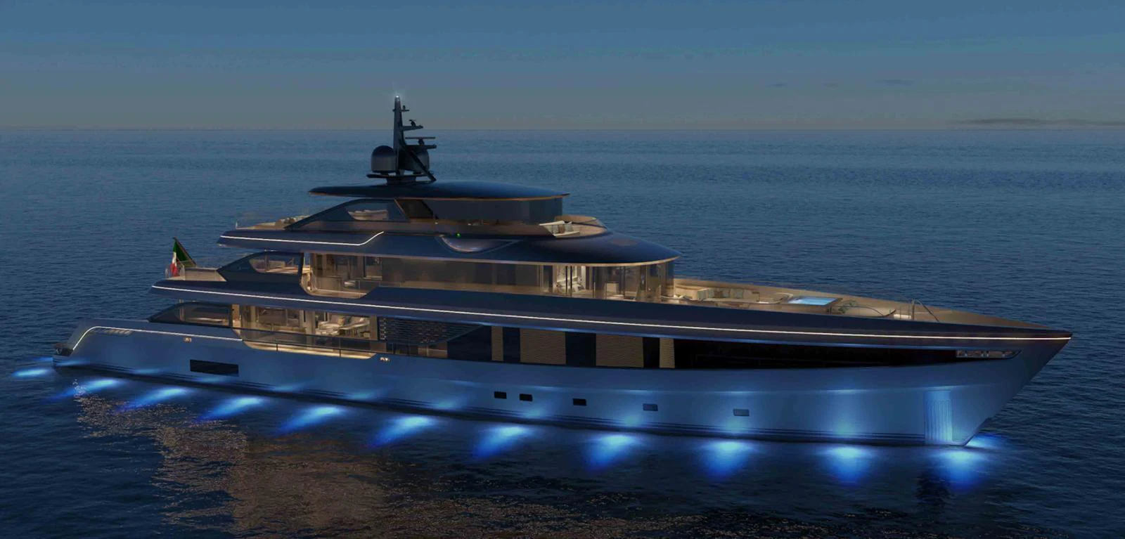 A sleek and modern yacht illuminated by underwater lights, cruising at dusk. aboard ADMIRAL PANORAMA 50/04 Yacht for Sale