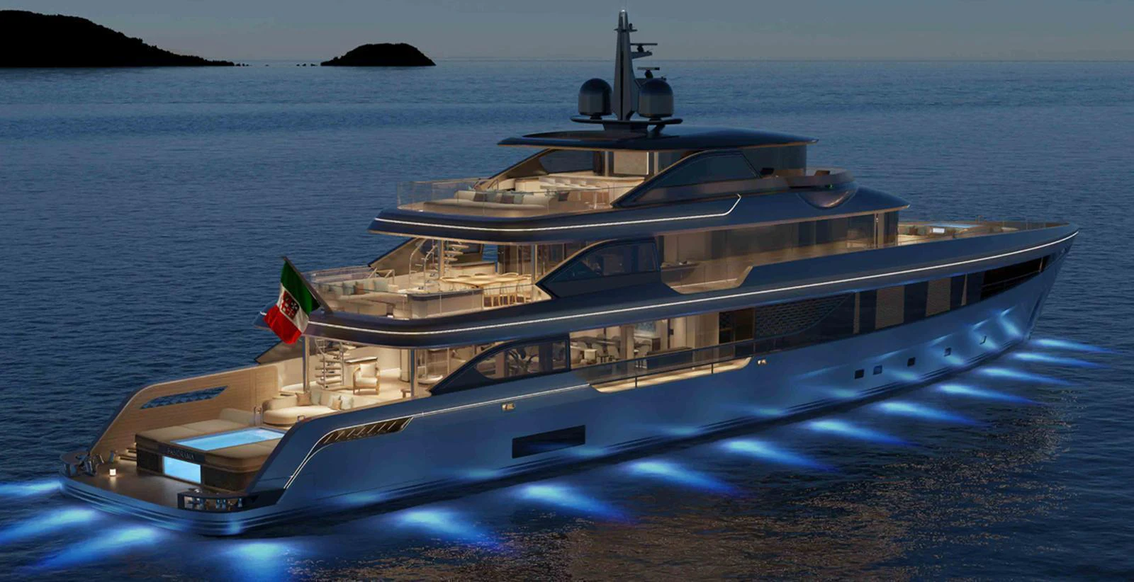 A luxurious yacht illuminated with blue underwater lights, cruising at dusk. aboard ADMIRAL PANORAMA 50/04 Yacht for Sale