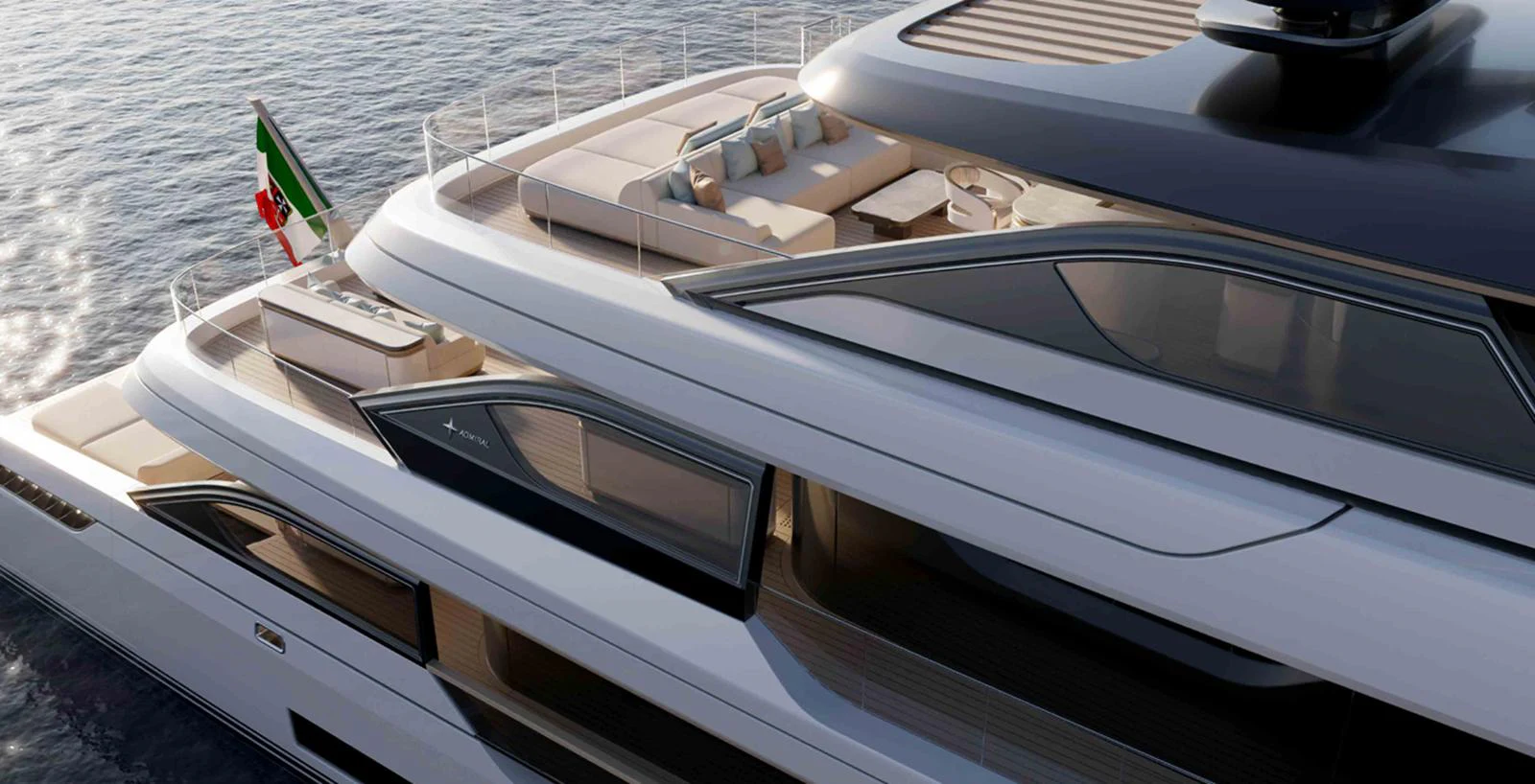 A sleek and modern yacht with spacious decks and luxurious seating areas. aboard ADMIRAL PANORAMA 50/04 Yacht for Sale