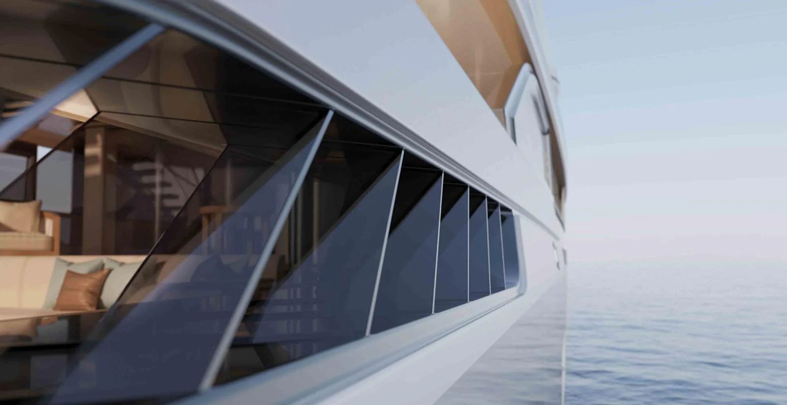 A sleek yacht exterior with a view into the luxurious interior through large windows, set against a serene ocean backdrop. aboard ADMIRAL PANORAMA 50/04 Yacht for Sale