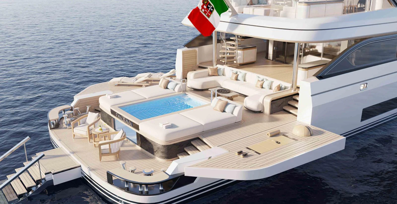 The yacht's aft deck features a luxurious lounging area with a pool, perfect for relaxation and entertainment. aboard ADMIRAL PANORAMA 50/04 Yacht for Sale