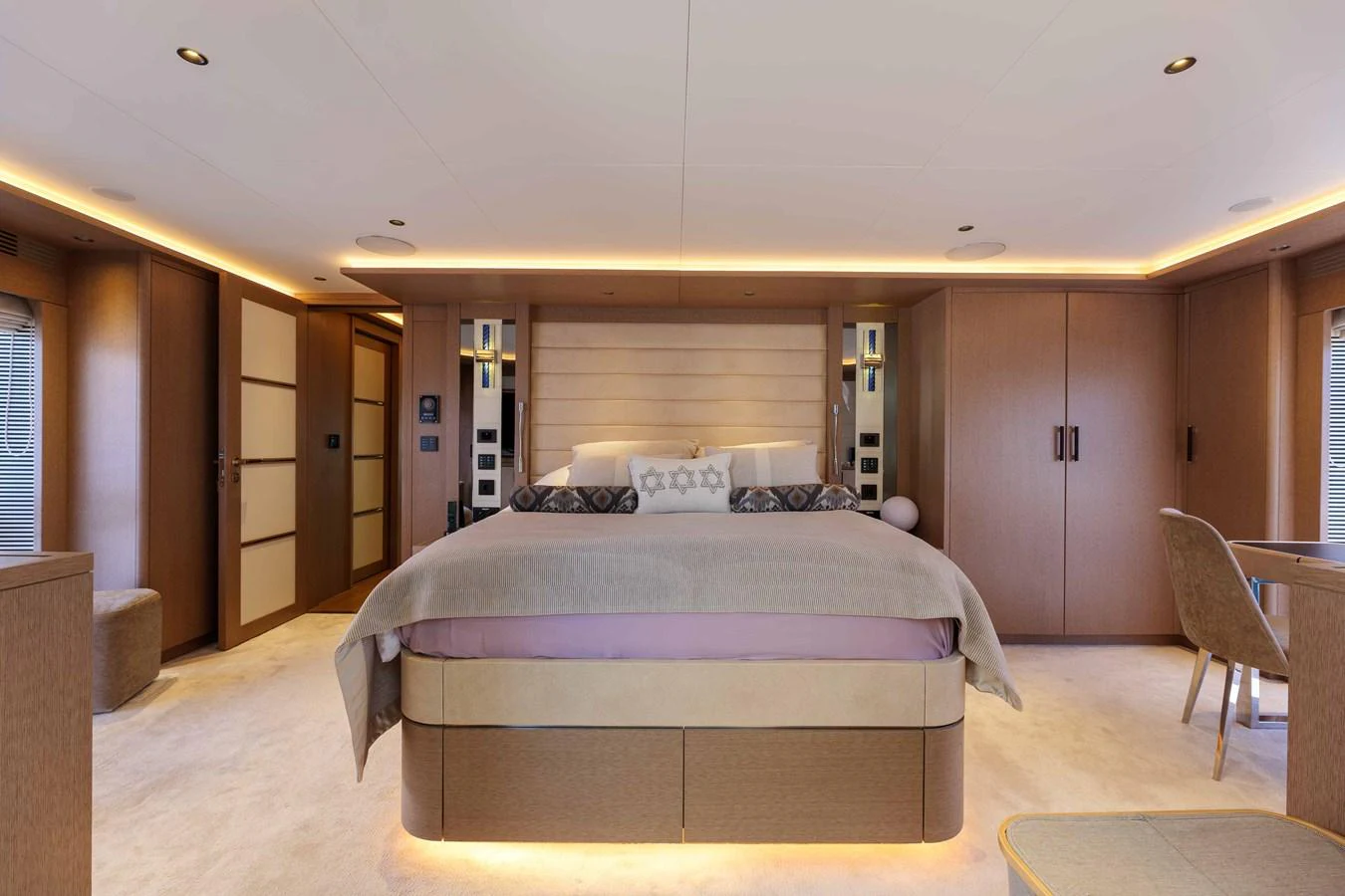 The master stateroom exudes luxury with its spacious layout and elegant design. aboard 2024 SIRENA 88 Yacht for Sale