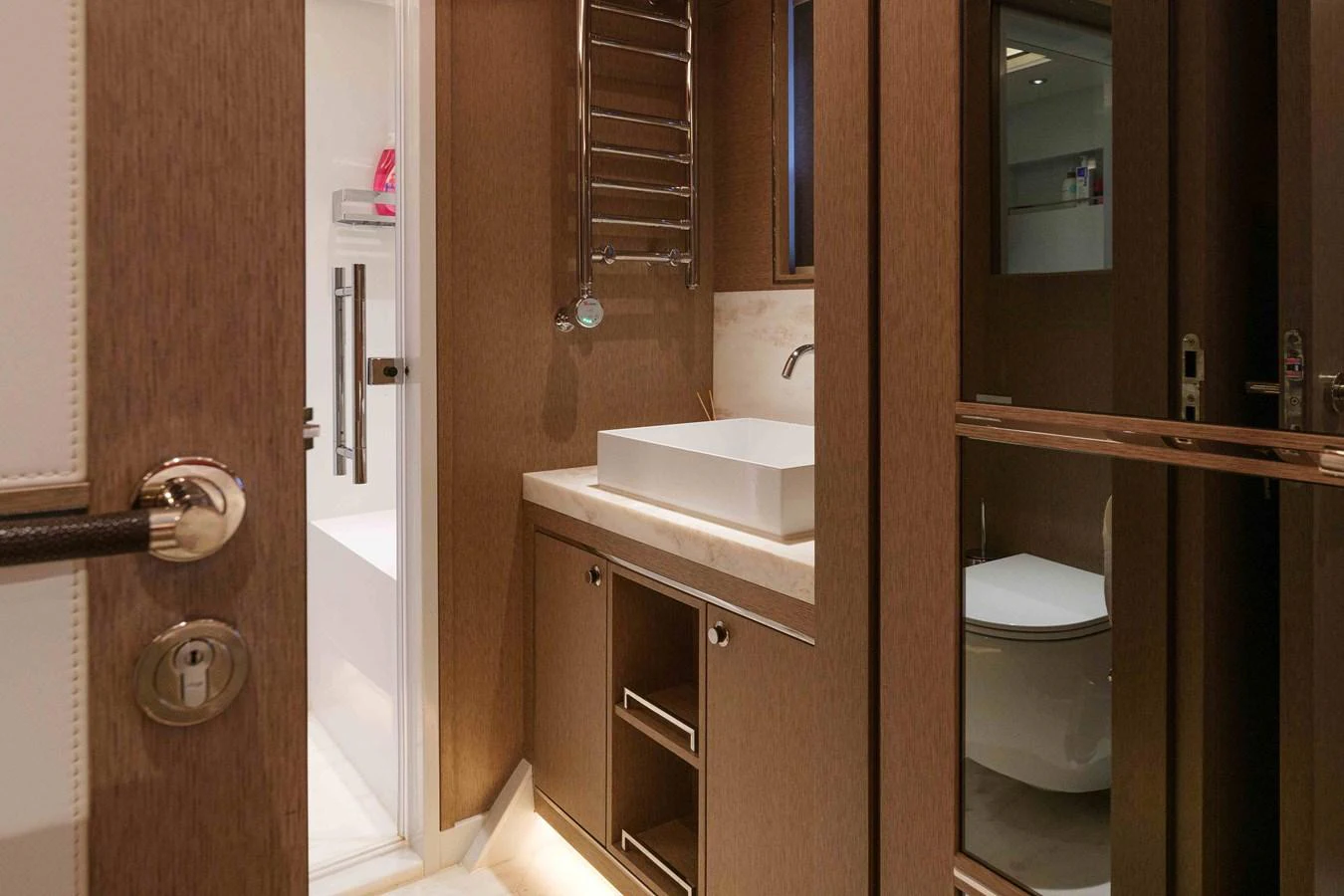 The yacht's bathroom features modern fixtures and a sleek design. aboard 2024 SIRENA 88 Yacht for Sale