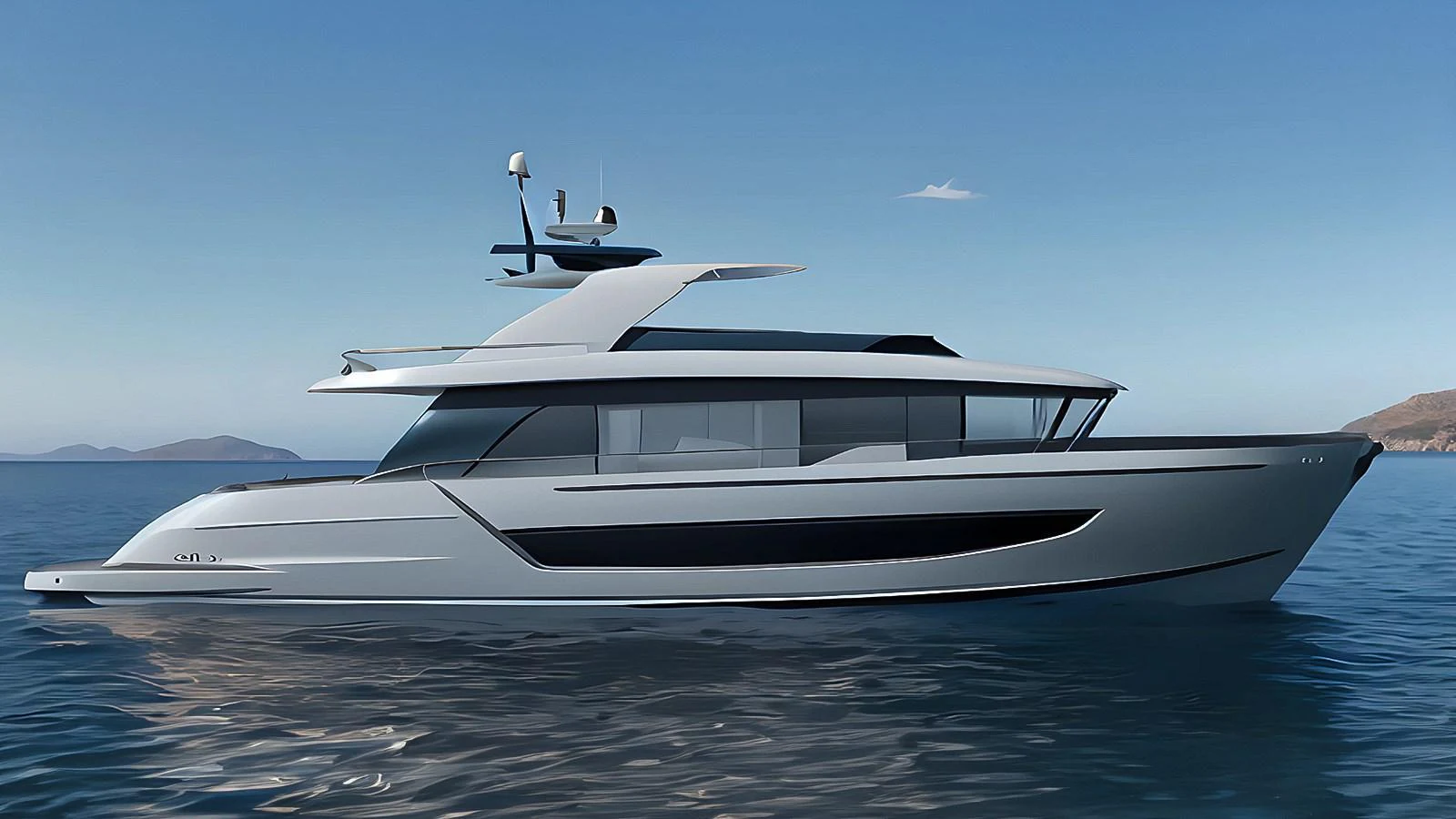 A sleek and modern yacht glides gracefully on calm waters under a clear blue sky. aboard TD77-FLY Yacht for Sale