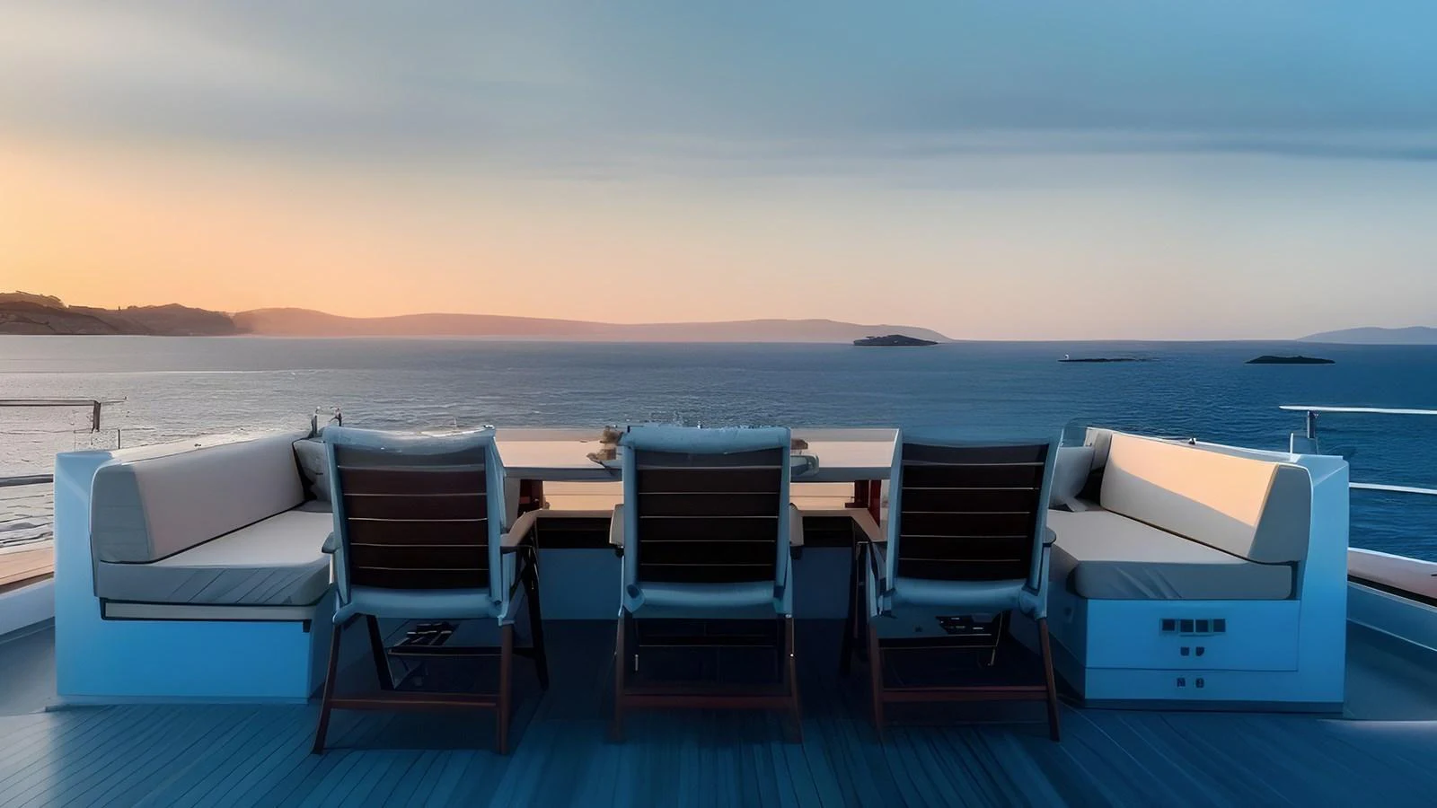 The aft deck offers a serene seating area with stunning ocean views at sunset. aboard TD77-FLY Yacht for Sale