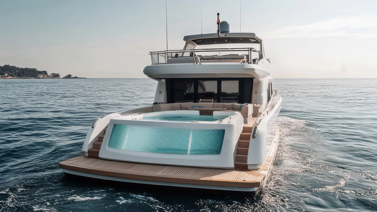 The yacht features a luxurious aft deck with a stunning pool, perfect for relaxation on the water. aboard TD77-FLY Yacht for Sale