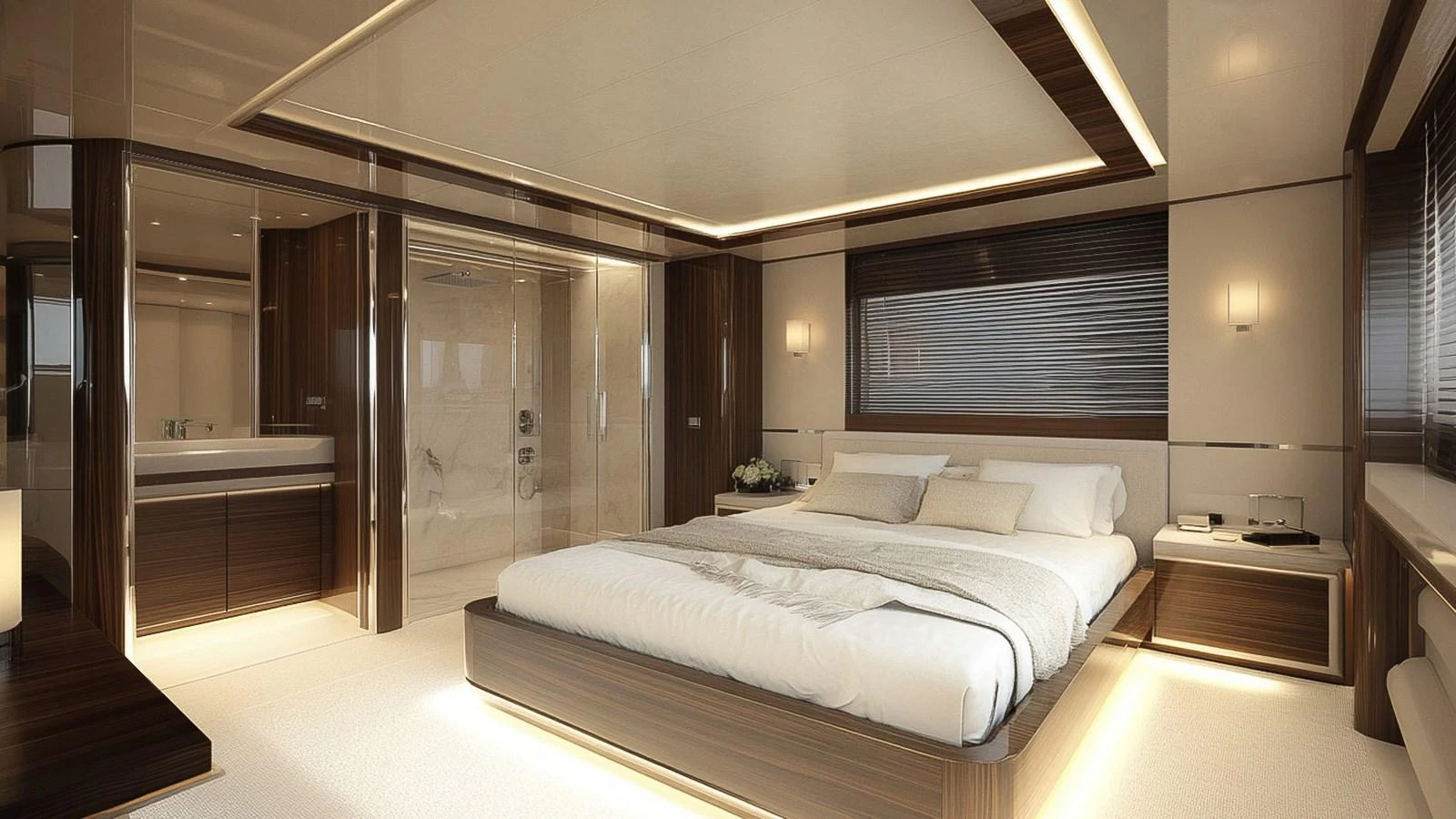 The master stateroom features a luxurious bed with elegant lighting and modern decor. aboard TD77-FLY Yacht for Sale