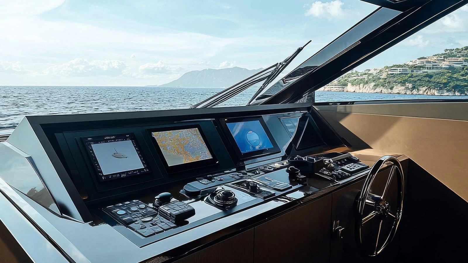 The helm station offers a sleek and modern command center with advanced navigation equipment and panoramic views. aboard TD77-FLY Yacht for Sale