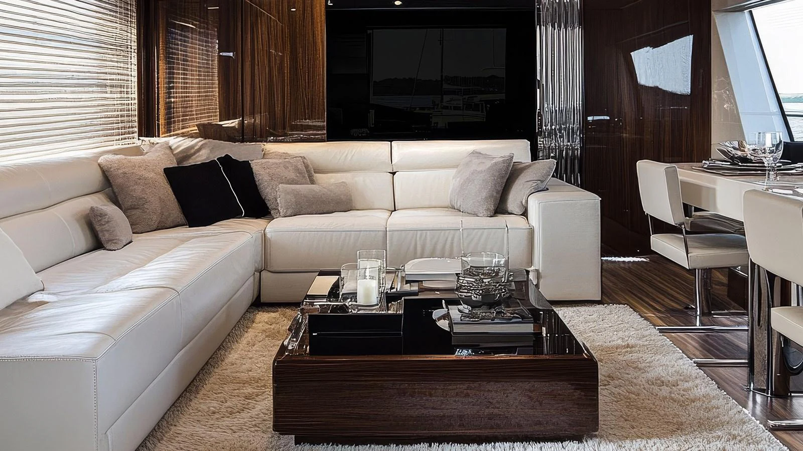 The yacht's salon features a luxurious seating area with plush white sofas and elegant decor. aboard TD77-FLY Yacht for Sale