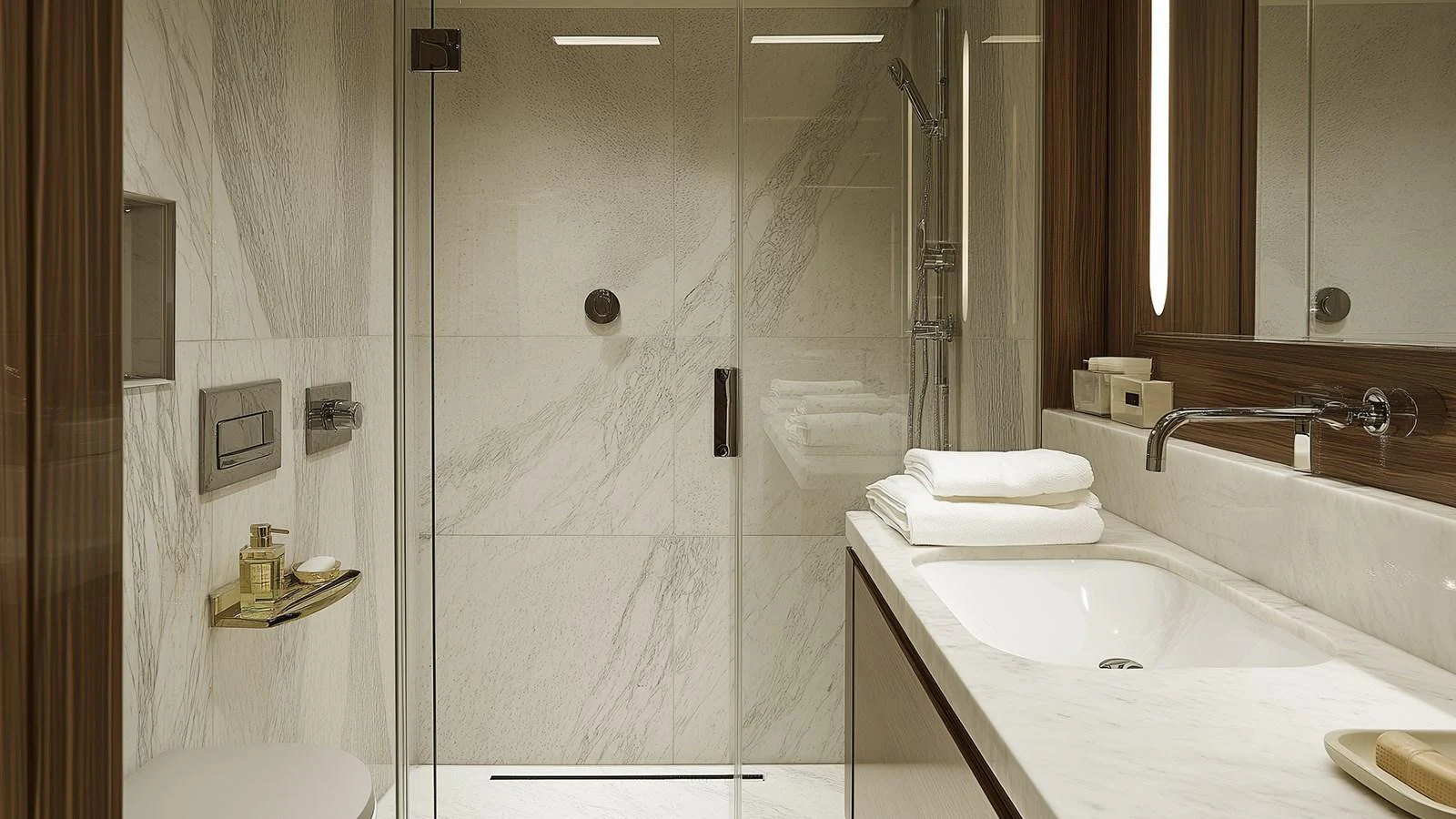 The yacht's bathroom features a sleek, modern design with luxurious marble accents and high-end fixtures. aboard TD77-FLY Yacht for Sale