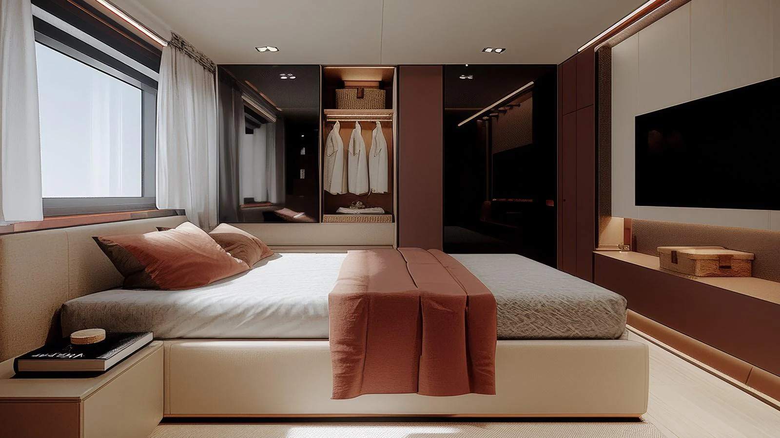 A luxurious stateroom featuring a large bed, ample storage, and modern decor. aboard TD77-FLY Yacht for Sale