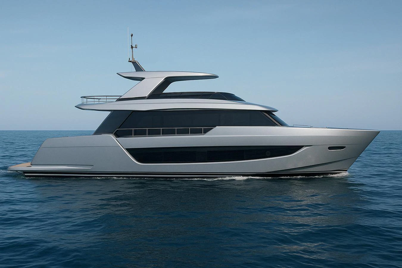 A sleek and modern yacht cruising on calm waters under a clear sky. aboard TD77-FLY Yacht for Sale