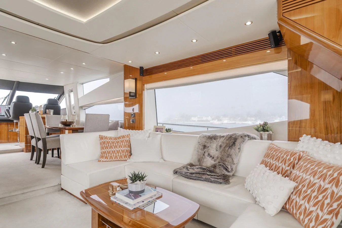 The salon features a luxurious seating area with plush cushions and elegant decor. aboard AGUA RANCHO Yacht for Sale