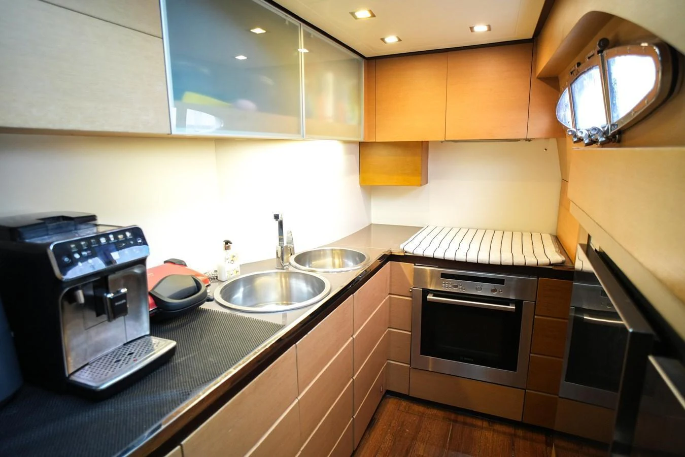 The yacht's galley is equipped with modern appliances and ample counter space for meal preparation. aboard FREEDOM 2 Yacht for Sale