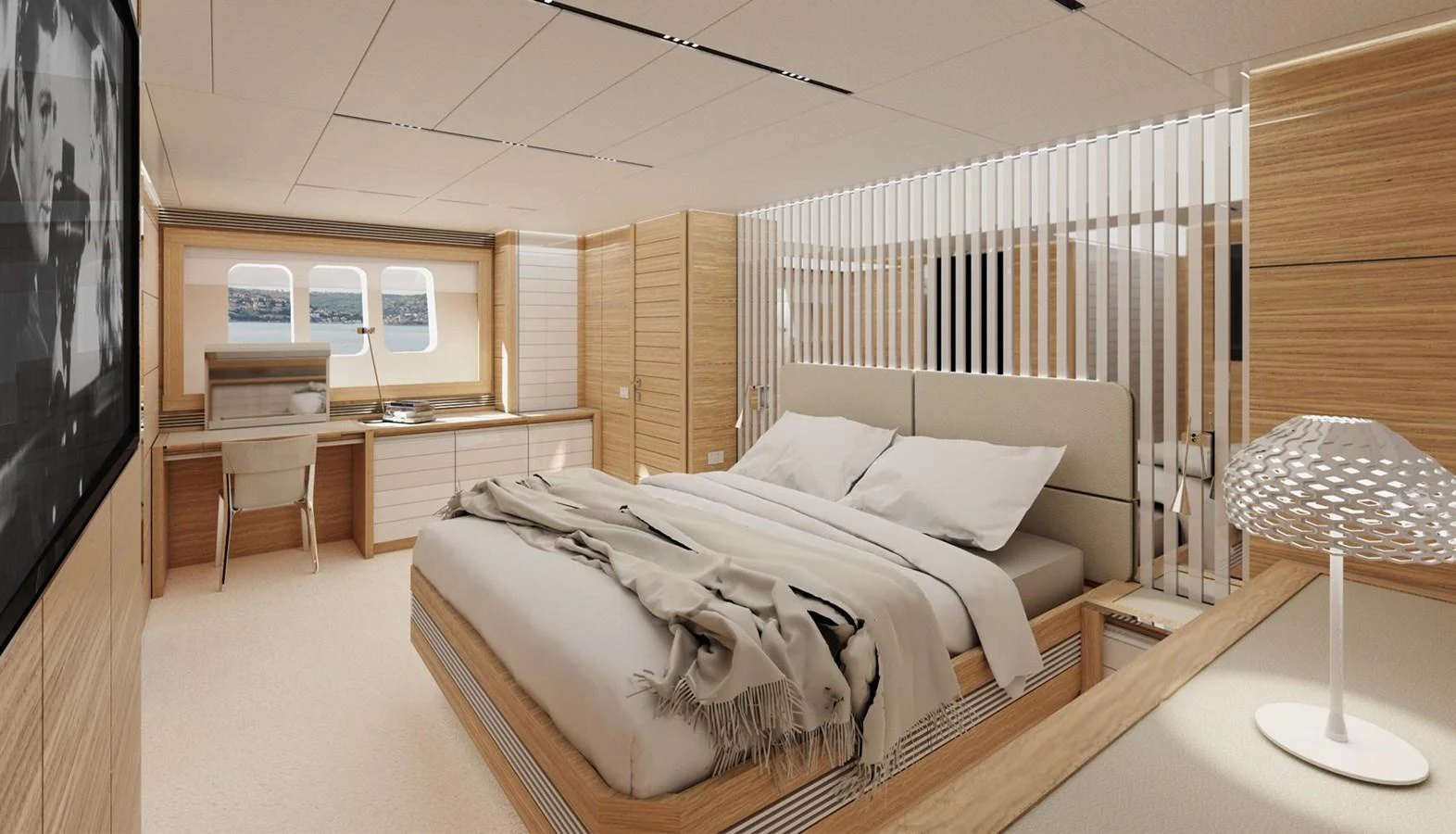 The master stateroom features a luxurious bed, modern decor, and ample natural light. aboard FILIPPETTI S100 Yacht for Sale