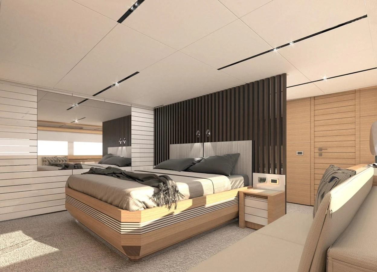 The master stateroom features a luxurious bed with modern decor and ample natural light. aboard FILIPPETTI S100 Yacht for Sale