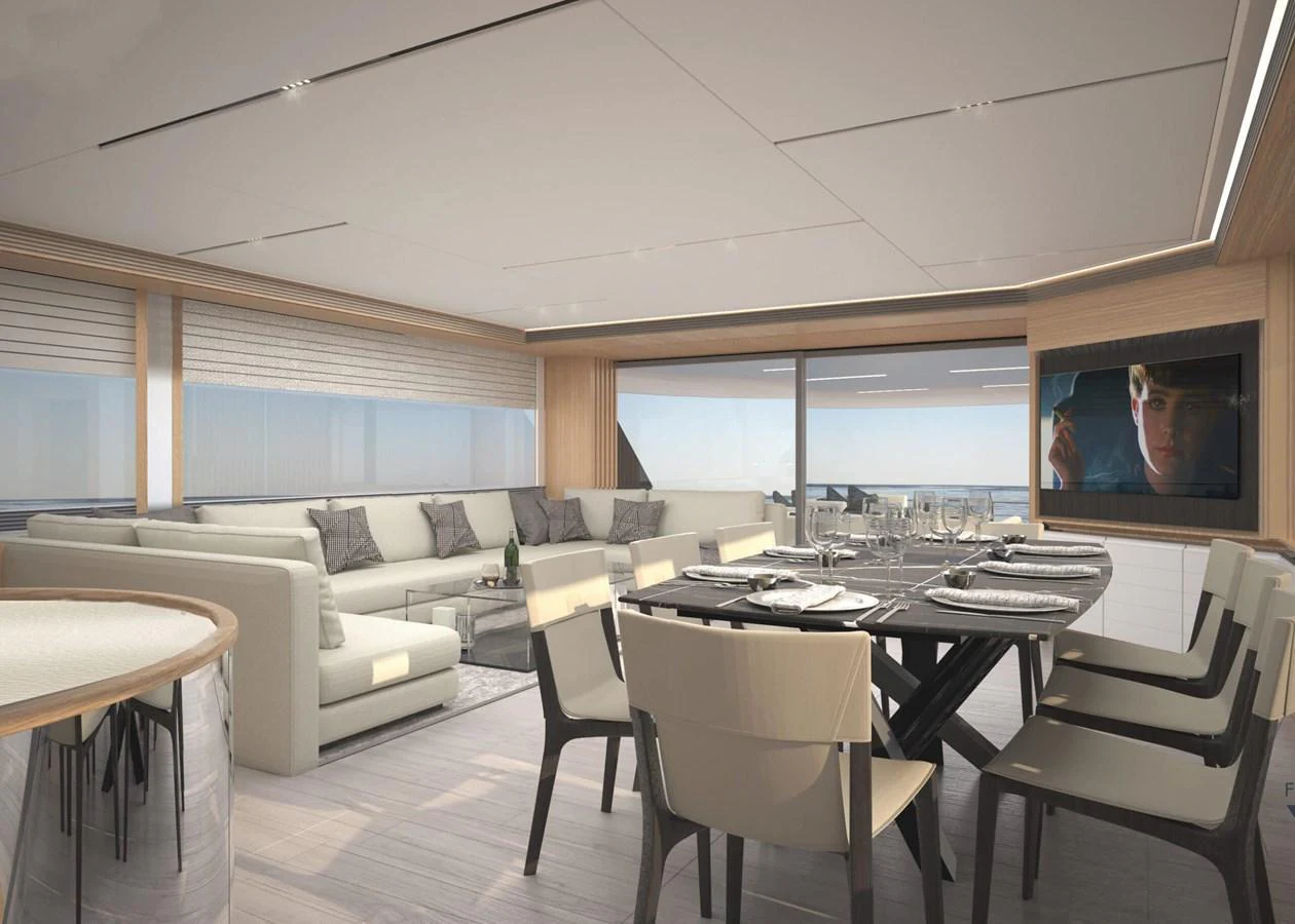 The spacious salon features a comfortable seating area and a stylish dining table with panoramic views. aboard FILIPPETTI S100 Yacht for Sale