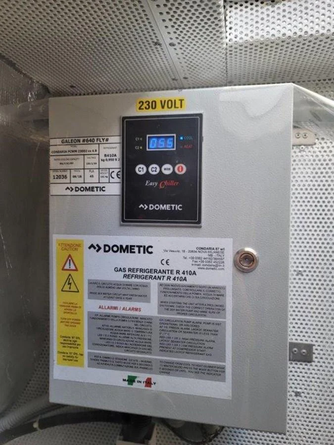 A close-up view of a Dometic control panel for the yacht's refrigeration system. aboard GODSPEED Yacht for Sale