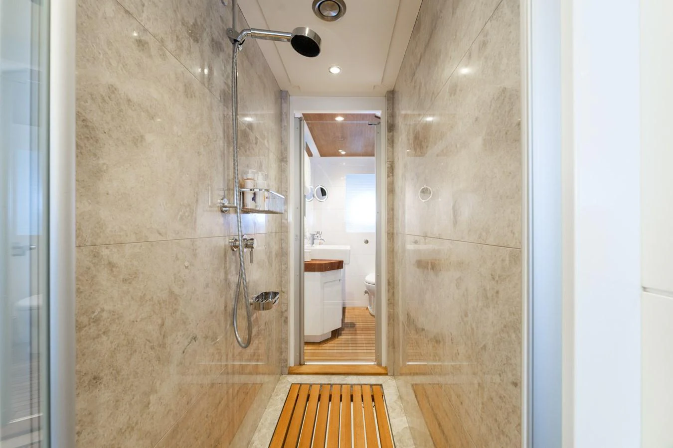 a bathroom with a shower unit and a sink aboard PREFERENCE 19 Yacht for Sale