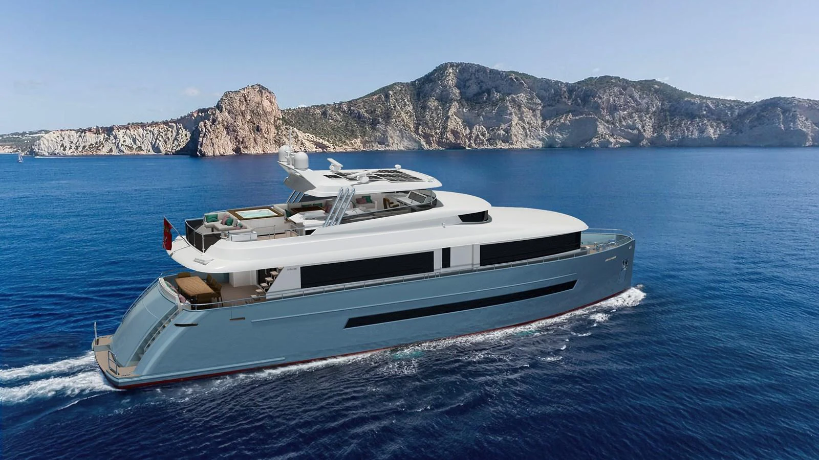 A sleek and modern yacht cruising through clear blue waters with a stunning rocky coastline in the background. aboard STELLARONE ST88/01 Yacht for Sale